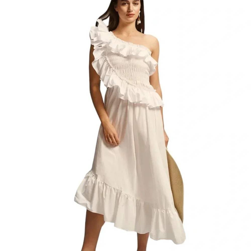 NWT MISA Sandersun Ruffled One Shoulder Cotton Midi Dress White Size S
